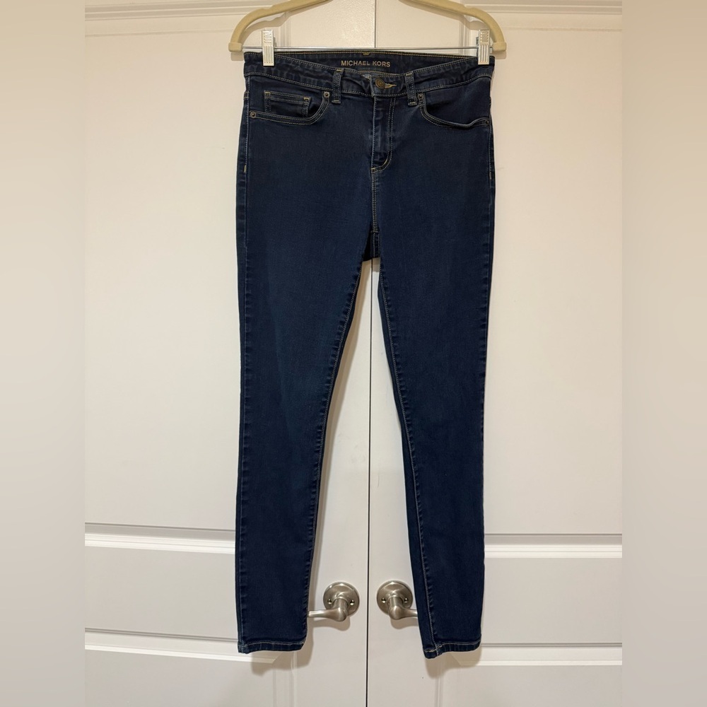 MICHAEL KORS IZZY SKINNY Women's 8 Dark Blue Denim Jeans MK Logo On Back Pocket